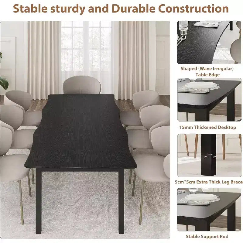 CuisinSmart Table de salle à manger pour 6 à 8 personnes, table rectangulaire avec bord irrégulier unique en forme de vague, plateau en MDF de 15 mm d'épaisseur et cadre en métal, pour salle à manger