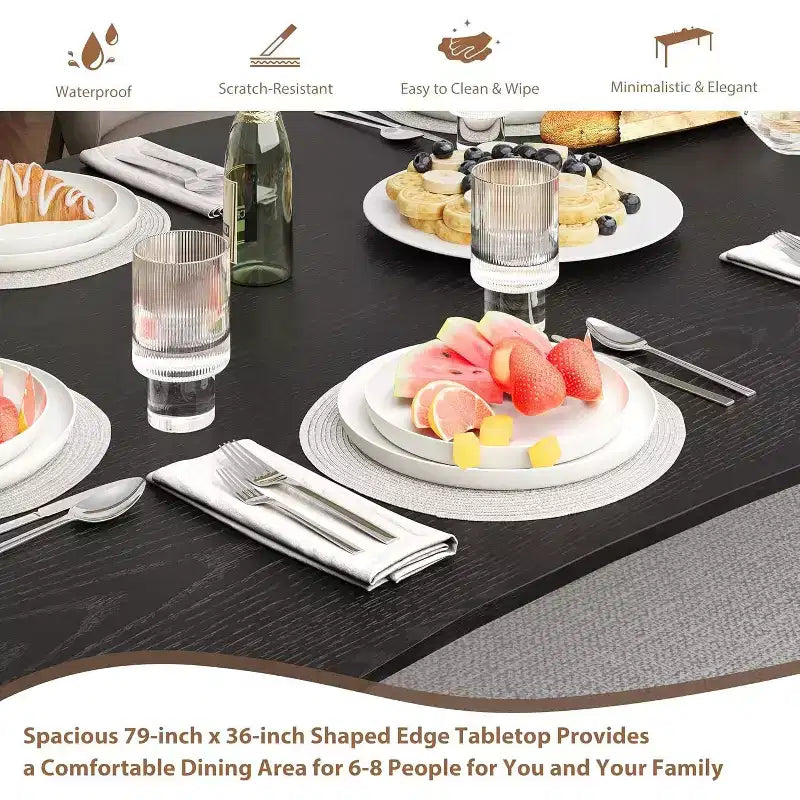 CuisinSmart Table de salle à manger pour 6 à 8 personnes, table rectangulaire avec bord irrégulier unique en forme de vague, plateau en MDF de 15 mm d'épaisseur et cadre en métal, pour salle à manger
