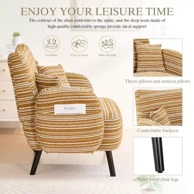 Fauteuil simple Okak Modern Color Mixing Boucle avec accoudoirs et oreillers, Canapé-lit profond avec rangement pour chambre et appartements