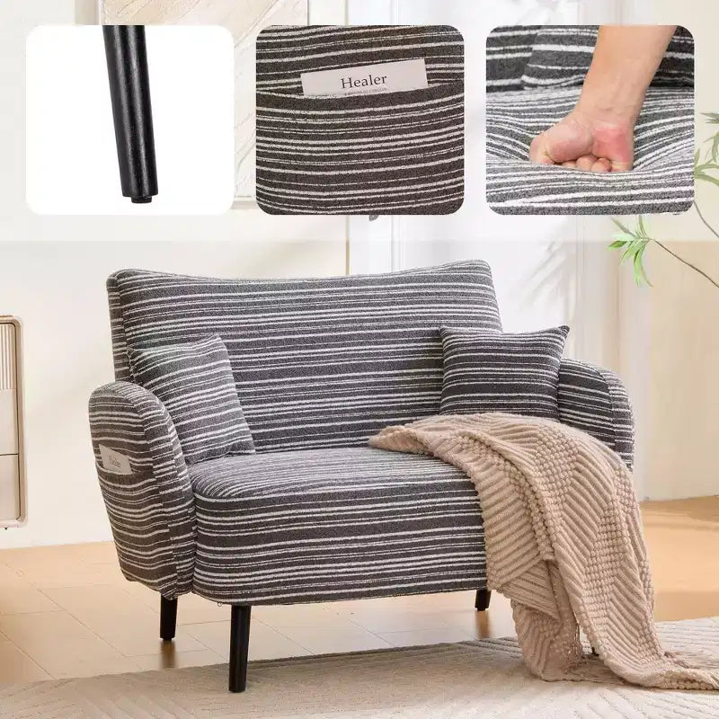 Fauteuil simple Okak Modern Color Mixing Boucle avec accoudoirs et oreillers, Canapé-lit profond avec rangement pour chambre et appartements