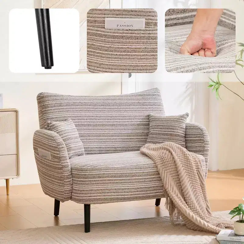 Fauteuil simple Okak Modern Color Mixing Boucle avec accoudoirs et oreillers, Canapé-lit profond avec rangement pour chambre et appartements