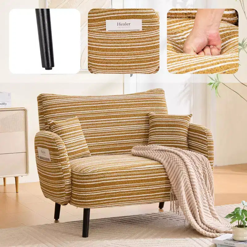 Fauteuil simple Okak Modern Color Mixing Boucle avec accoudoirs et oreillers, Canapé-lit profond avec rangement pour chambre et appartements