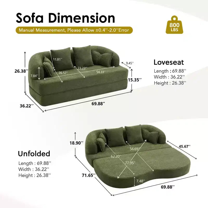 Canapé-lit pliable moderne sans cadre 2 en 1 Okak avec 4 oreillers, canapé-lit futon en tissu chenille pour salon, appartement
