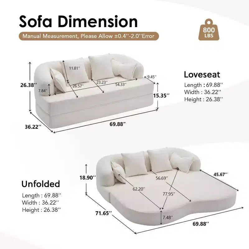 Canapé-lit pliable moderne sans cadre 2 en 1 Okak avec 4 oreillers, canapé-lit futon en tissu chenille pour salon, appartement