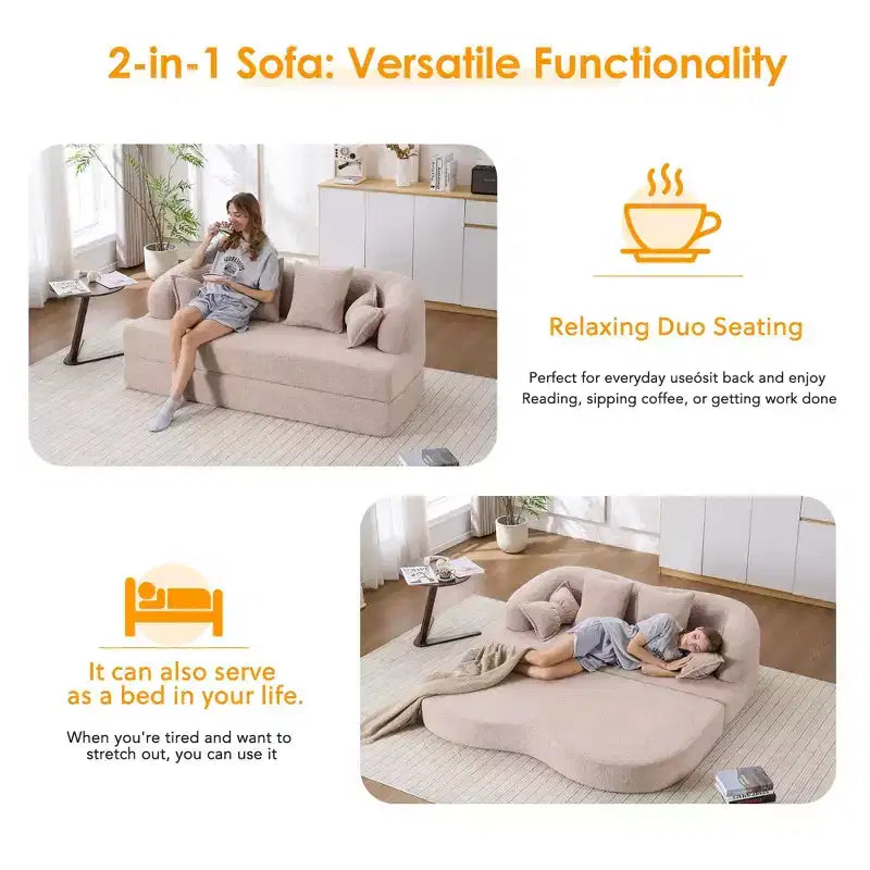 Canapé-lit pliable moderne sans cadre 2 en 1 Okak avec 4 oreillers, canapé-lit futon en tissu chenille pour salon, appartement