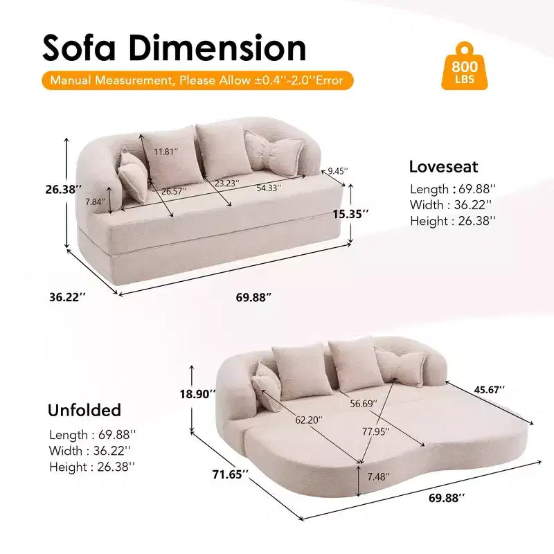 Canapé-lit pliable moderne sans cadre 2 en 1 Okak avec 4 oreillers, canapé-lit futon en tissu chenille pour salon, appartement