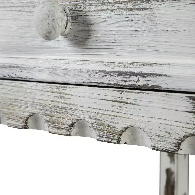 Table d'appoint rustique pour canapé avec 1 tiroir et 1 étagère, motif de dentelle antique, finition blanc vieilli et pieds carrés tournés pour le salon