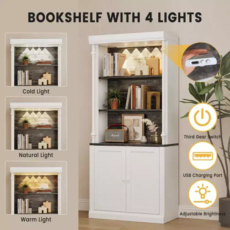 Meuble de rangement de cuisine autoportant de 71 po avec éclairage DEL, huche haute de rangement avec 2 portes et étagères réglables, garde-manger moderne pour salon