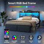 Cadre de lit plateforme pleine grandeur avec tiroirs de rangement Lumières LED Station de recharge Tête de lit rembourrée Étagère Support en métal Pas besoin de sommier Tapissier Adolescent