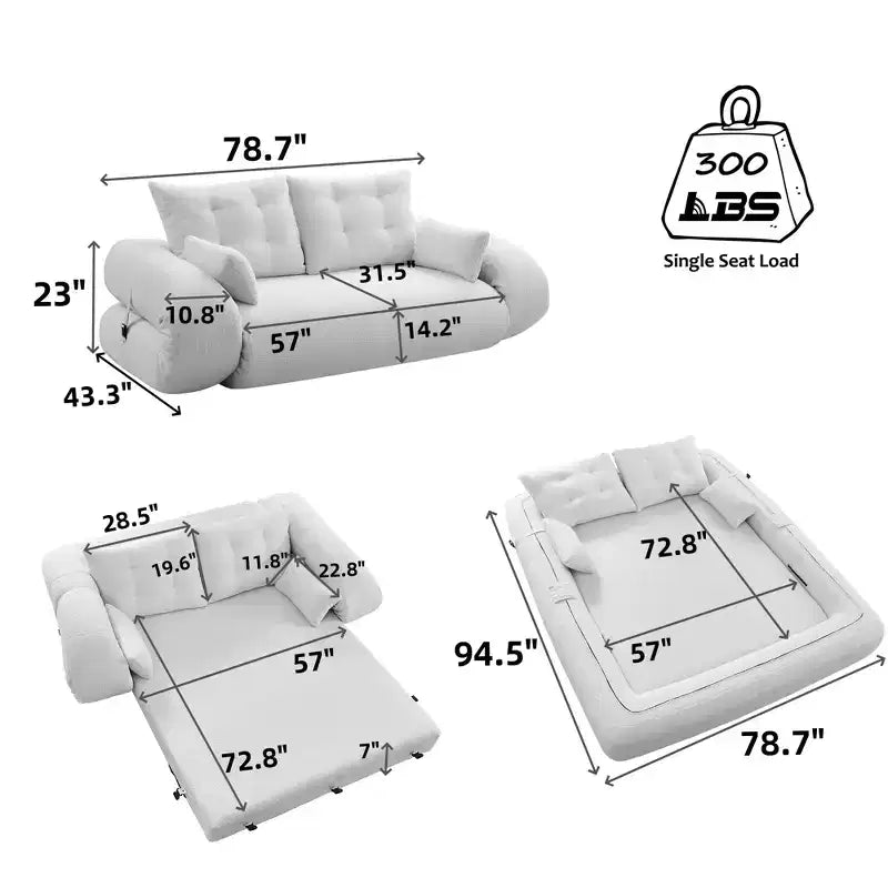 Canapé convertible, canapé pliant multifonctionnel de 199,9 cm, tissu Teddy, 4 oreillers et accoudoirs, mobilier de salon moderne pour le salon.