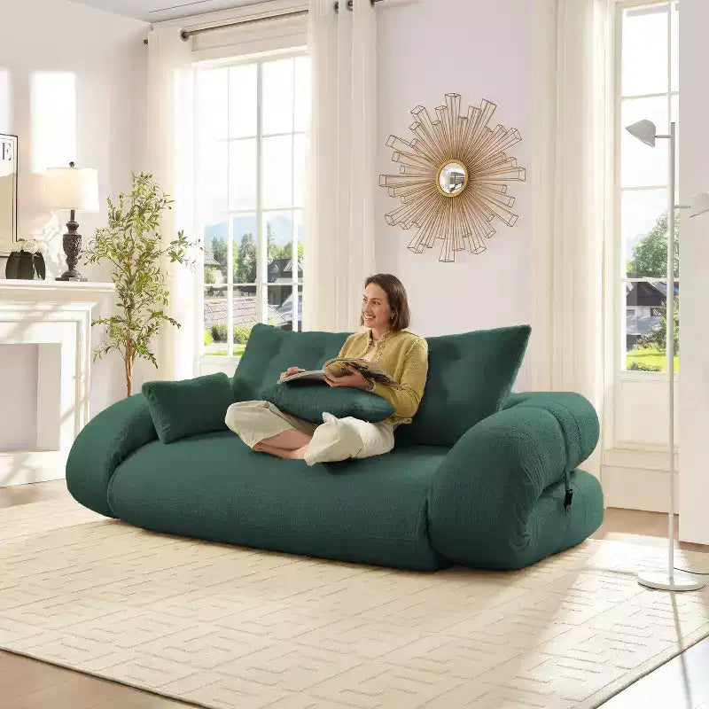 Canapé convertible, canapé pliant multifonctionnel de 199,9 cm, tissu Teddy, 4 oreillers et accoudoirs, mobilier de salon moderne pour le salon.