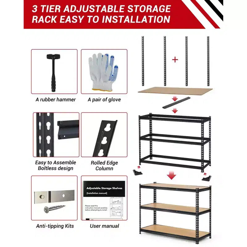 Étagères de garage robustes, étagères de rangement réglables à 3 niveaux, 60x24x36 po, étagères de rangement réglables, étagères de rangement utilitaires en métal