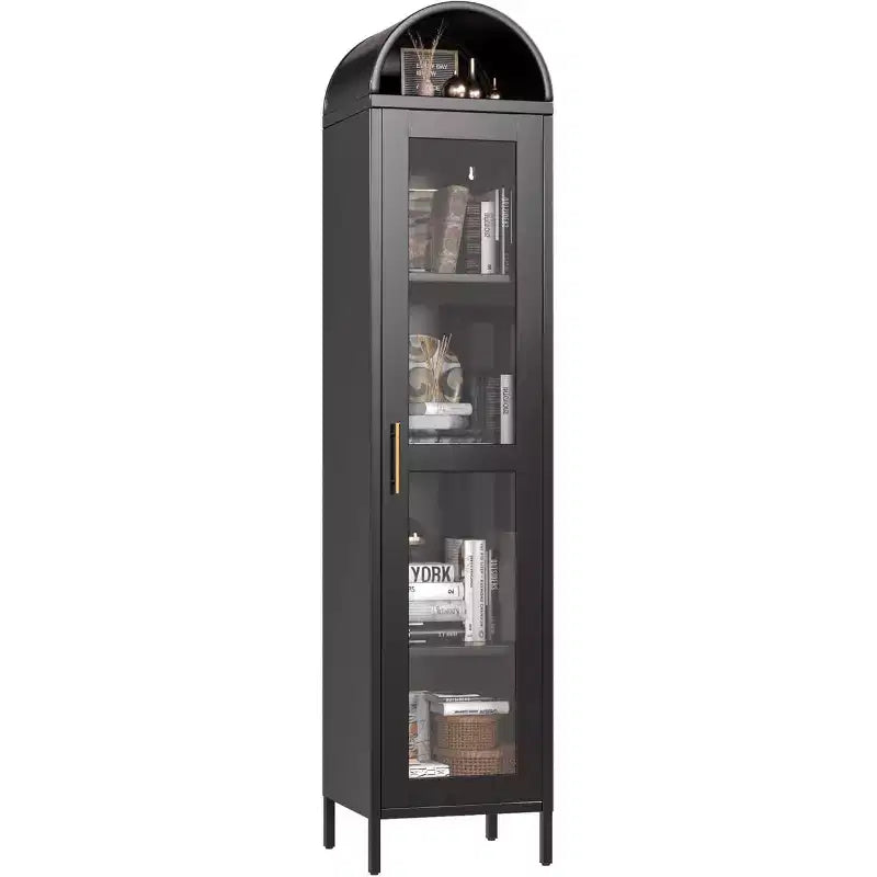 COZONY Freestanding Arched Display Cabinet, Glass Door Shelves Pantry Bookcase for Dining Room Home Office Kitchen