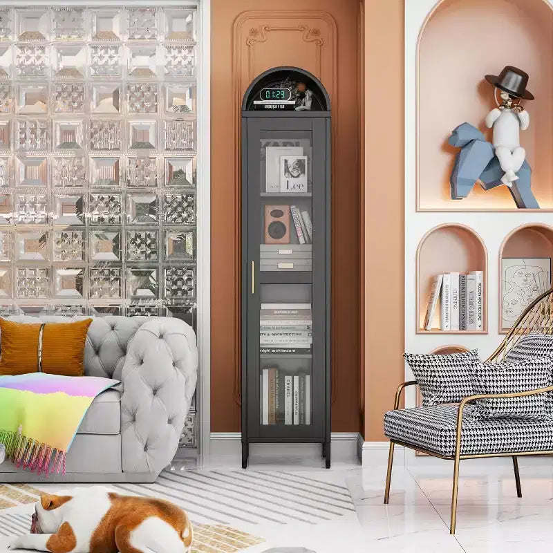 COZONY Armoire de présentation autoportante arquée, étagères en verre avec porte, bibliothèque pour salle à manger, bureau, cuisine
