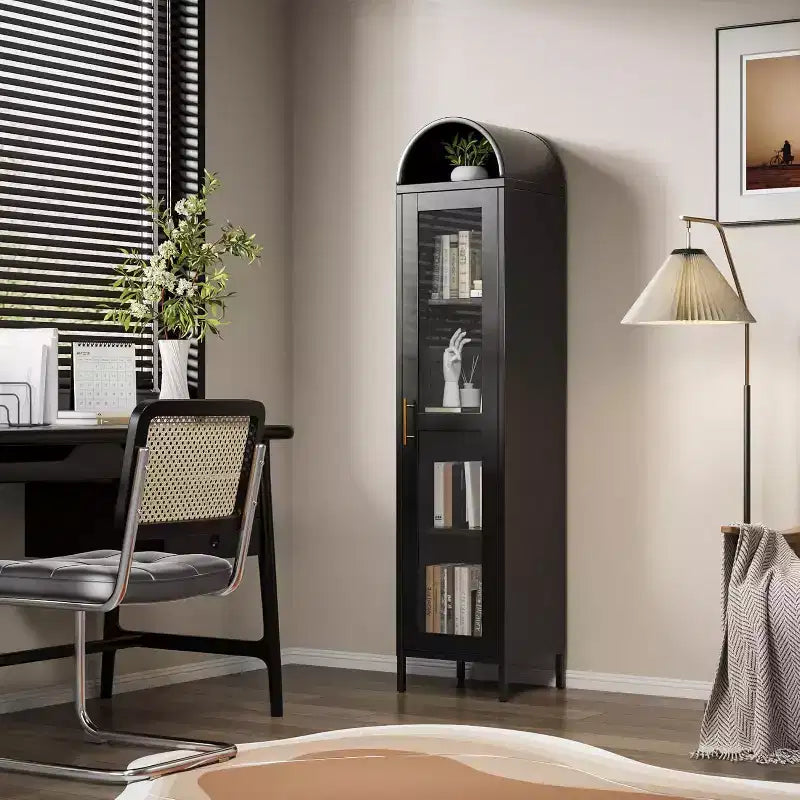 COZONY Armoire de présentation autoportante arquée, étagères en verre avec porte, bibliothèque pour salle à manger, bureau, cuisine