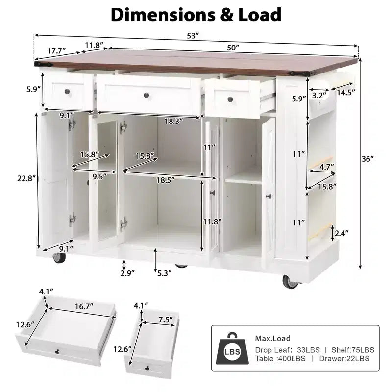 Îlot de cuisine de 53'', îlot de cuisine roulant sur roulettes avec 5 étagères latérales ouvertes et 3 tiroirs, chariot de cuisine pour salle à manger