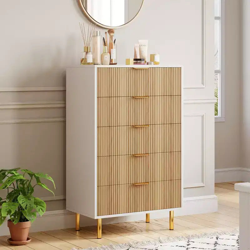 Commode moderne à 5 tiroirs pour chambre à coucher avec double commode en bois et organiseur de rangement, poignée dorée et grand tiroir, pour salon, couloir
