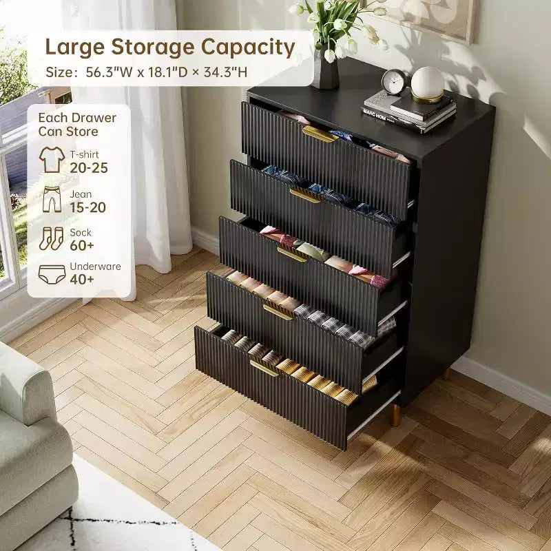 Commode moderne à 5 tiroirs pour chambre à coucher avec double commode en bois et organiseur de rangement, poignée dorée et grand tiroir, pour salon, couloir