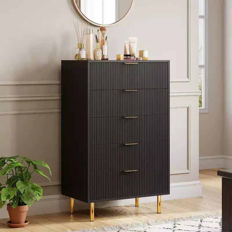 Commode moderne à 5 tiroirs pour chambre à coucher avec double commode en bois et organiseur de rangement, poignée dorée et grand tiroir, pour salon, couloir