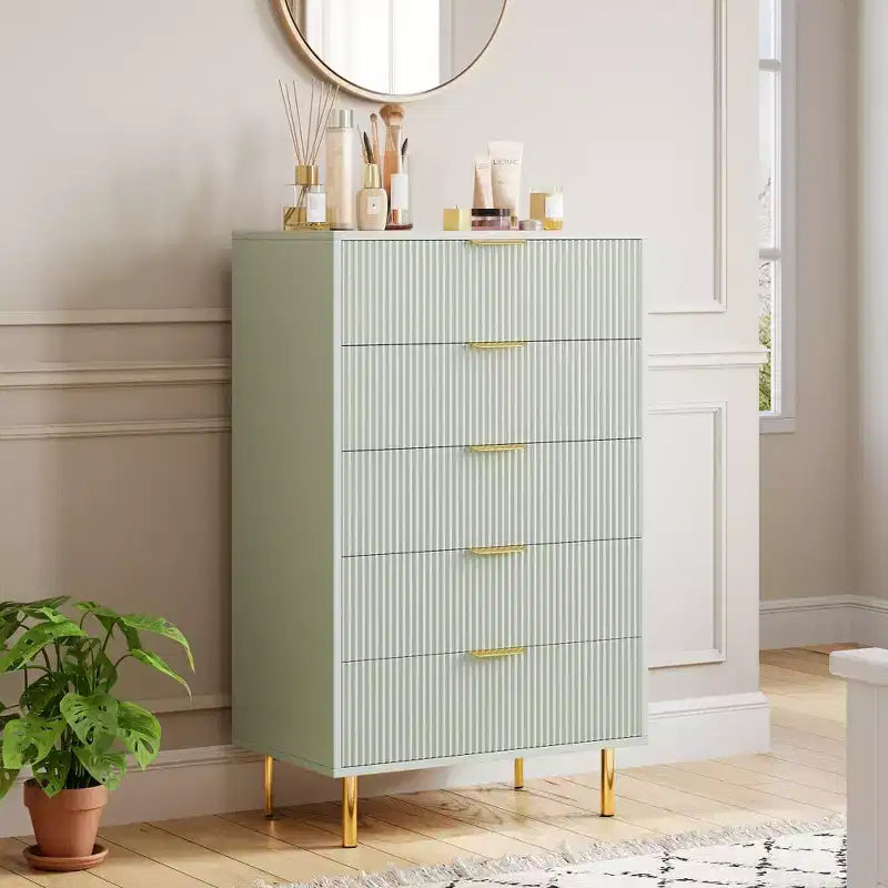 Commode moderne à 5 tiroirs pour chambre à coucher avec double commode en bois et organiseur de rangement, poignée dorée et grand tiroir, pour salon, couloir