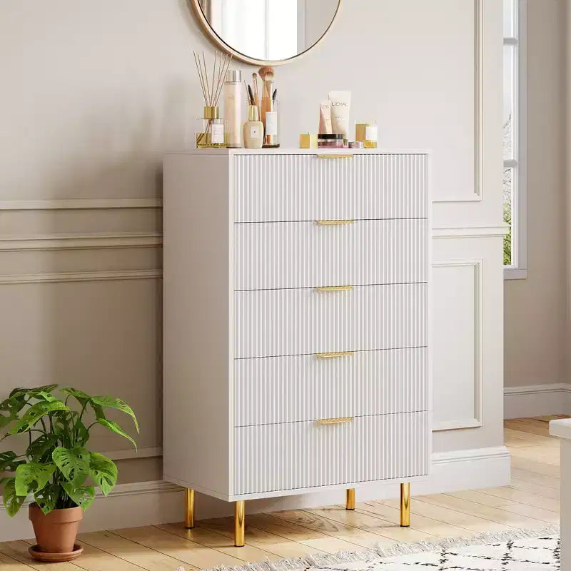 Commode moderne à 5 tiroirs pour chambre à coucher avec double commode en bois et organiseur de rangement, poignée dorée et grand tiroir, pour salon, couloir