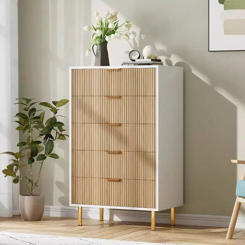 Commode moderne à 5 tiroirs pour chambre à coucher avec double commode en bois et organiseur de rangement, poignée dorée et grand tiroir, pour salon, couloir