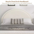 Cadre de lit double en tissu bouclette avec 2 tiroirs de rangement, cadre de lit plateforme rembourré doux avec tête de lit ronde, lattes en bois, pas besoin de sommier tapissier