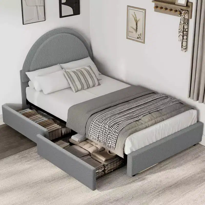 Twin Size Boucle Bed Frame with 2 Storage Drawers, Soft Upholstered Platform Bed Frame with Round Headboard, Wooden Slats, No Box Spring Needed