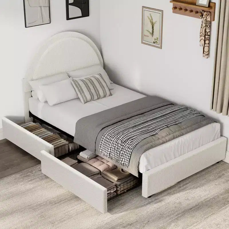 Cadre de lit double en tissu bouclette avec 2 tiroirs de rangement, cadre de lit plateforme rembourré doux avec tête de lit ronde, lattes en bois, pas besoin de sommier tapissier