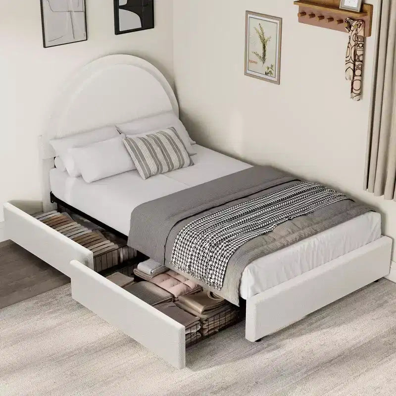 Cadre de lit double en tissu bouclette avec 2 tiroirs de rangement, cadre de lit plateforme rembourré doux avec tête de lit ronde, lattes en bois, pas besoin de sommier tapissier