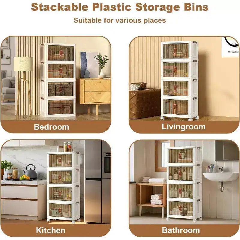 Bacs de rangement pliables COZONY avec roues, organiseurs empilables avec portes translucides pour l'organisation de la maison, du placard et de la cuisine