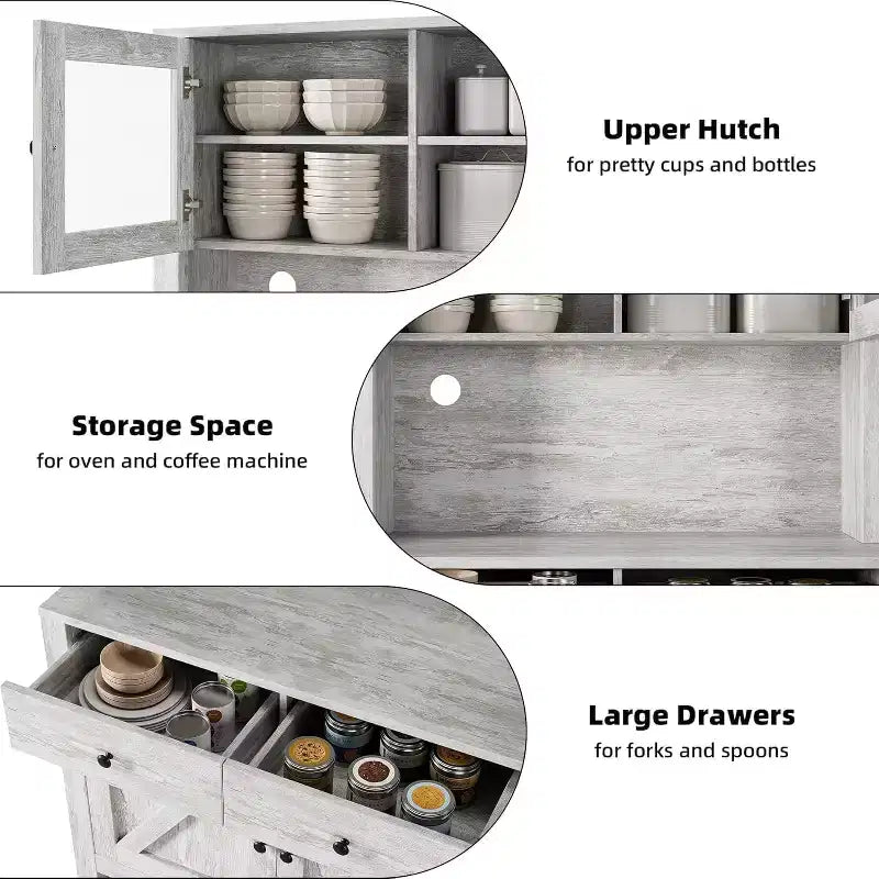 Meuble de rangement autoportant avec support pour micro-ondes, tiroirs, portes et étagères réglables, buffet de rangement pour la cuisine, la salle à manger, gris