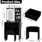 Coiffeuse avec tabouret, Ensemble de maquillage avec miroir, lumières, station de charge, 2 tiroirs, prises de courant, ports USB et armoires RVB