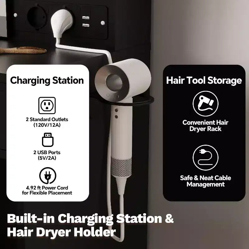 Coiffeuse avec tabouret, Ensemble de maquillage avec miroir, lumières, station de charge, 2 tiroirs, prises de courant, ports USB et armoires RVB