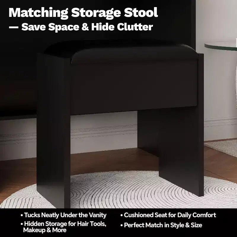 Coiffeuse avec tabouret, Ensemble de maquillage avec miroir, lumières, station de charge, 2 tiroirs, prises de courant, ports USB et armoires RVB