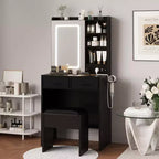 Coiffeuse avec tabouret, Ensemble de maquillage avec miroir, lumières, station de charge, 2 tiroirs, prises de courant, ports USB et armoires RVB