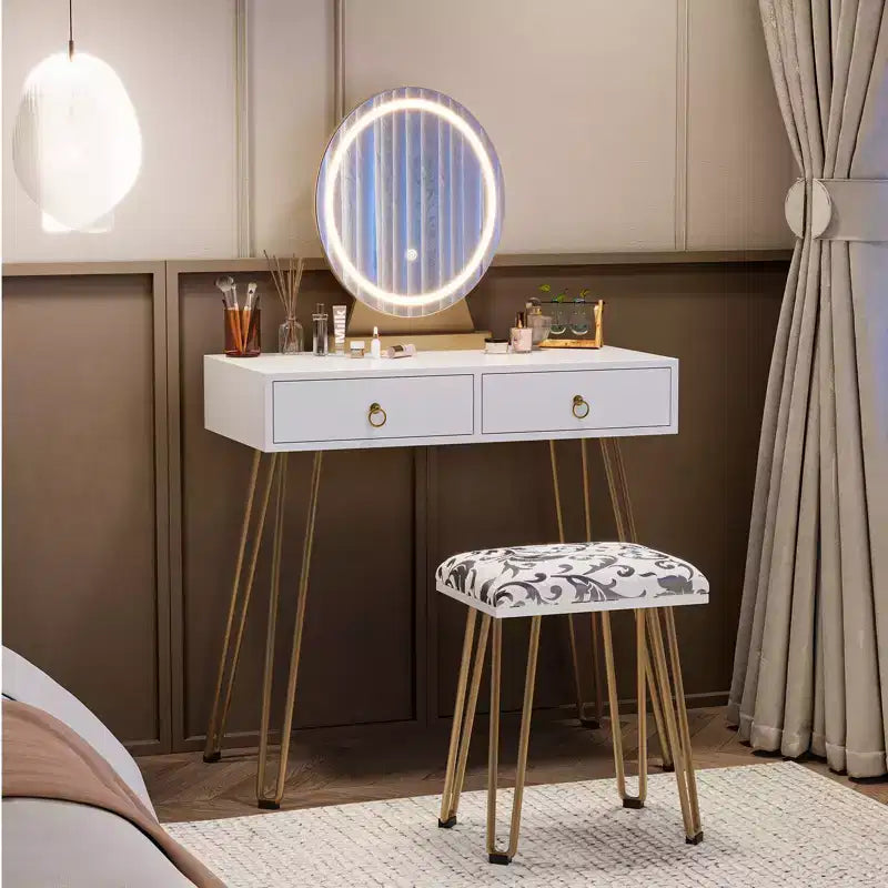 Table avec Lampe Miroir, Coiffeuse avec 4 Tiroirs, Miroir Rond, 3 Modes d'Éclairage, Tabouret Rembourré Coiffeuse de Chambre