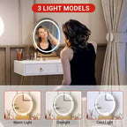 Table avec Lampe Miroir, Coiffeuse avec 4 Tiroirs, Miroir Rond, 3 Modes d'Éclairage, Tabouret Rembourré Coiffeuse de Chambre