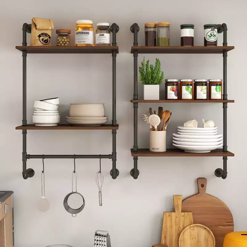 GDFStudio Sian Rustic 2-Tier and 3-Tier Industrial Open Pipe Shelves with 3 Additional Hooks