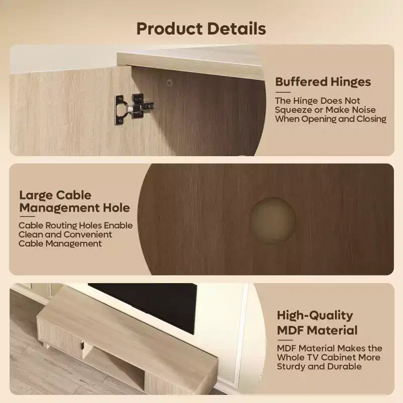 Meuble TV Bestier 178 cm pour téléviseurs jusqu'à 75'', Console TV moderne avec 2 armoires et une étagère centrale ouverte, 2 consoles multimédia avec passe-câbles