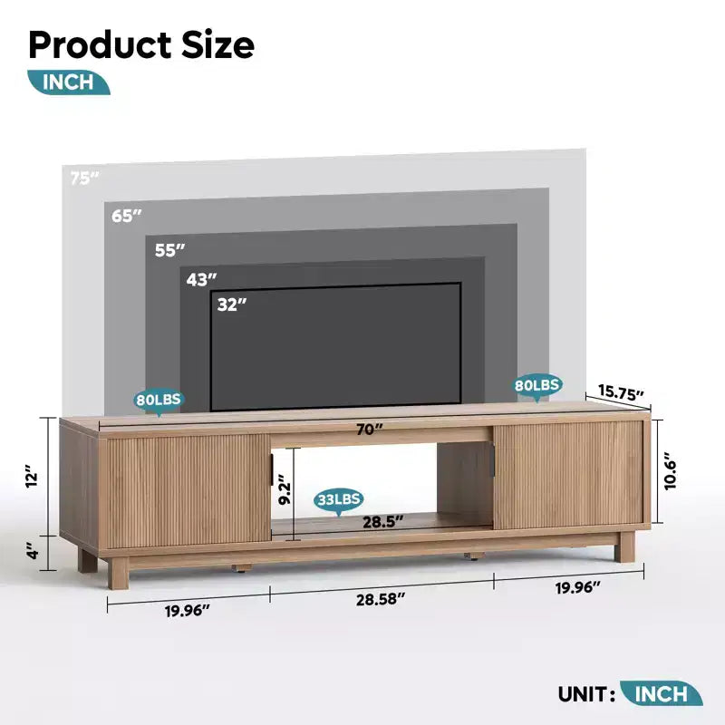 Meuble TV Bestier 178 cm pour téléviseurs jusqu'à 75'', Console TV moderne avec 2 armoires et une étagère centrale ouverte, 2 consoles multimédia avec passe-câbles