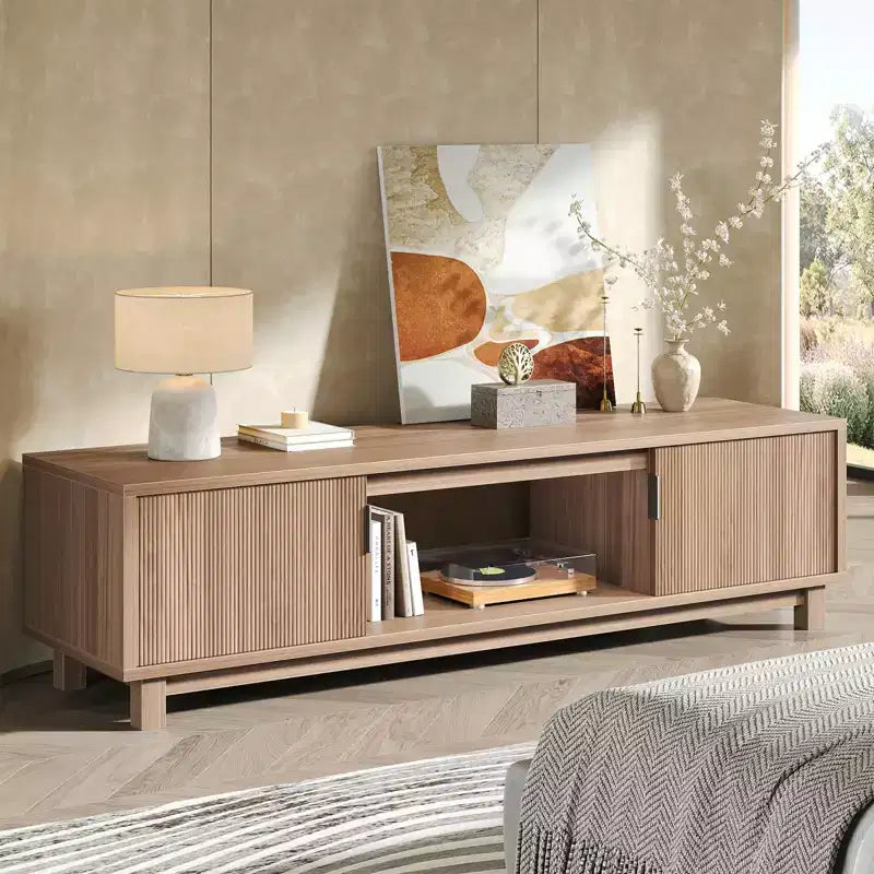Meuble TV Bestier 178 cm pour téléviseurs jusqu'à 75'', Console TV moderne avec 2 armoires et une étagère centrale ouverte, 2 consoles multimédia avec passe-câbles