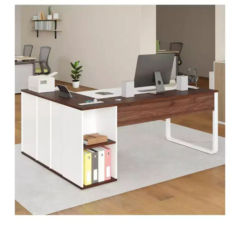 Bureau en L de 180 cm avec tiroirs, bureau de direction avec classeur, bureau d'angle avec étagère pour bureau à domicile, blanc et noyer