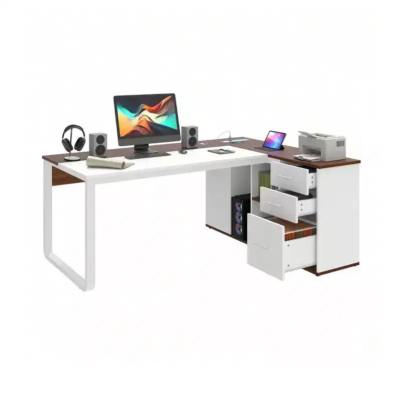 Bureau en L de 180 cm avec tiroirs, bureau de direction avec classeur, bureau d'angle avec étagère pour bureau à domicile, blanc et noyer