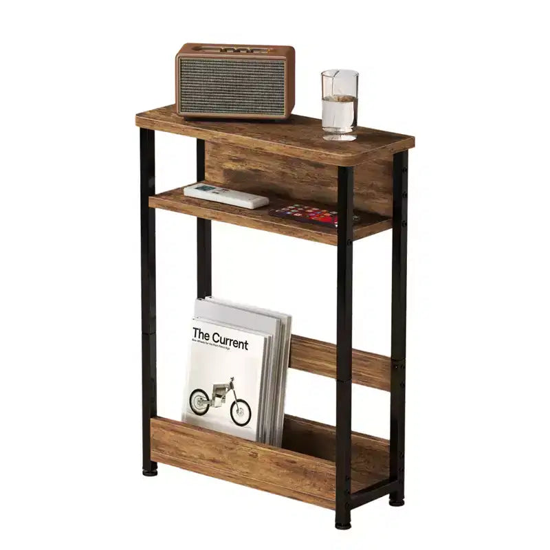 Table d'appoint étroite COZONY avec étagère de rangement à 3 niveaux et porte-revues, table de chevet mince pour petits espaces, table de nuit étroite et moderne pour salon
