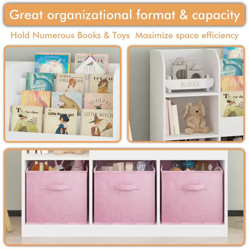 Organisateur de Rangement de Livres pour Enfants 3 Tiroirs Pliables, Étagère Bibliothèque en Bois avec Compartiments, Maison, Salle de Jeux, Couloir, Maternelle