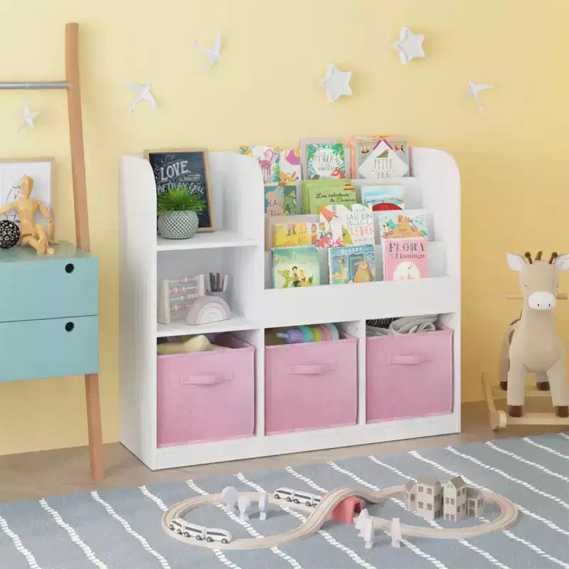 Organisateur de Rangement de Livres pour Enfants 3 Tiroirs Pliables, Étagère Bibliothèque en Bois avec Compartiments, Maison, Salle de Jeux, Couloir, Maternelle