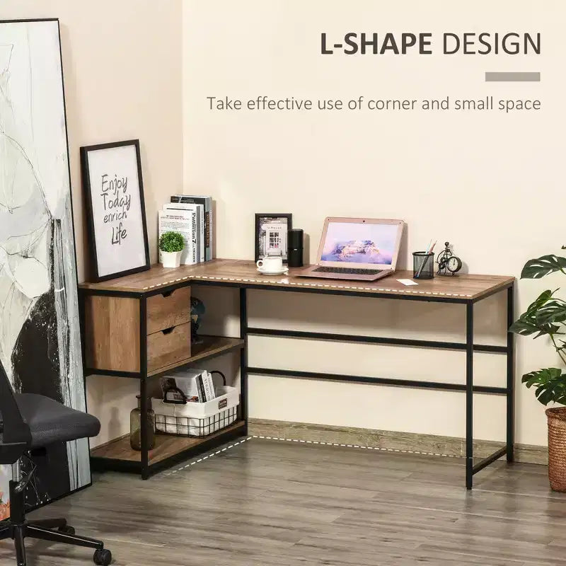 Bureau d'ordinateur d'angle en L avec étagères de rangement, 2 tiroirs et cadre en acier industriel