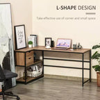 Bureau d'ordinateur d'angle en L avec étagères de rangement, 2 tiroirs et cadre en acier industriel