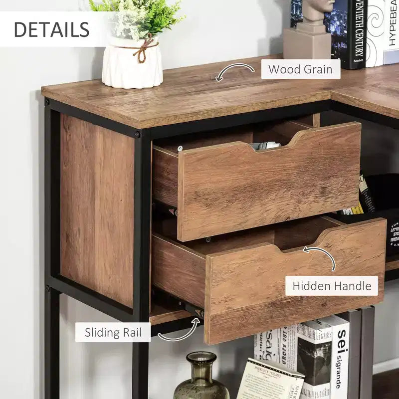Bureau d'ordinateur d'angle en L avec étagères de rangement, 2 tiroirs et cadre en acier industriel